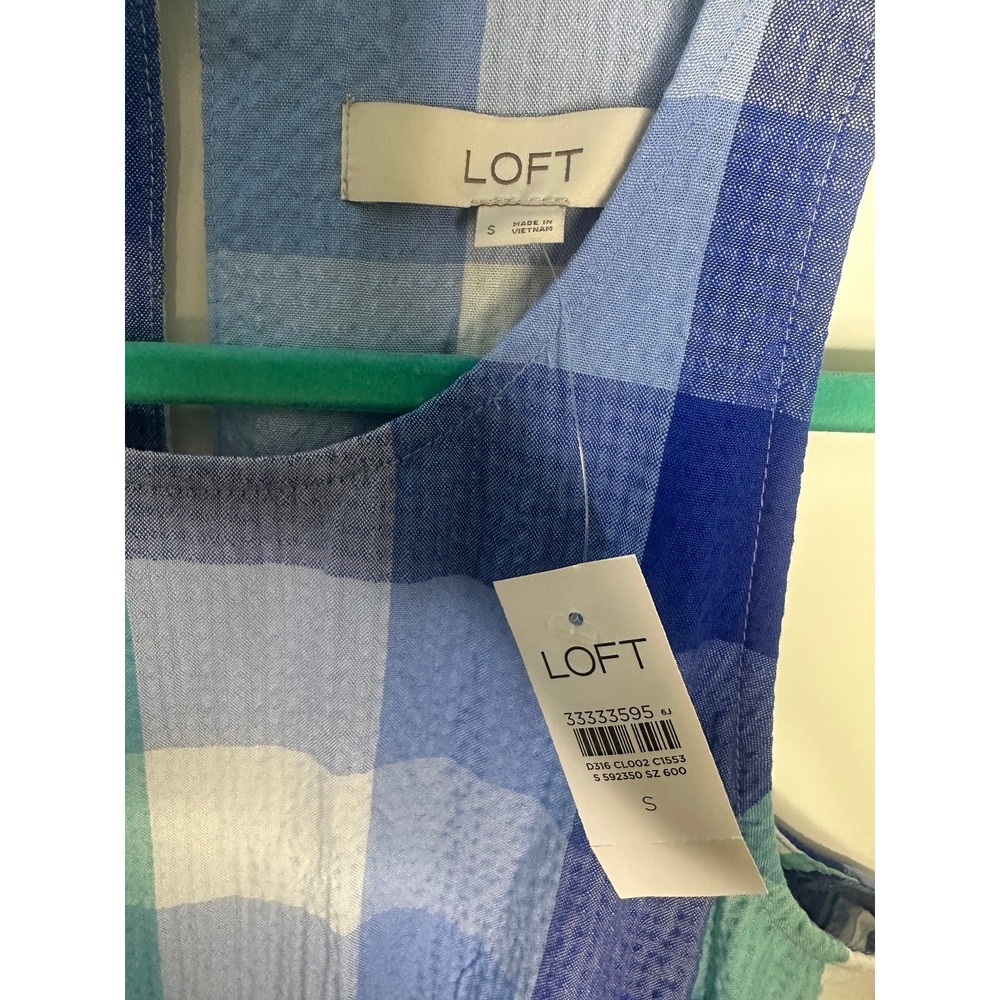 NWT LOFT Seersucker Blue Plaid Cutout Back Dress Midi Pocket Small Brunch Picnic - Picture 7 of 16